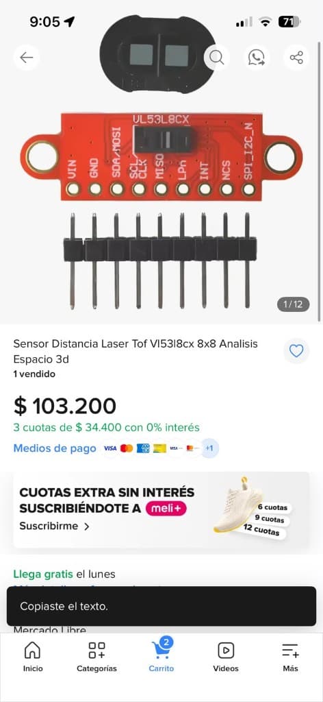 Pedido VL53L8CX en Mercado Libre